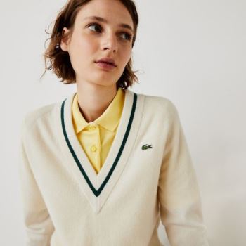 Lacoste SPORT Recycled Cashmere V-neck Golf Sweater - Svetr Dámské Bílé / Žluté / Zelene | CZ-af0YRx